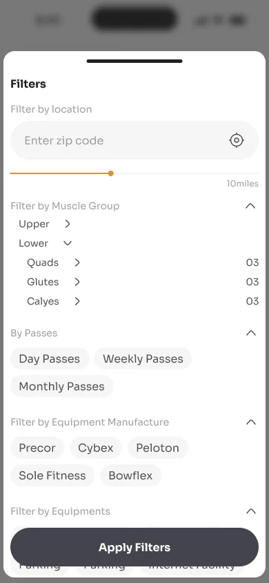 Filters in Find a Gym