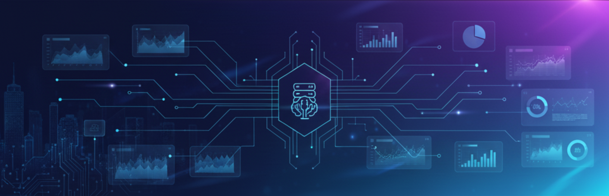 Pixarsart Studios: Digital banner showing abstract data flow, server icons, and connected circuitry over a futuristic cityscape, representing enterprise application development and integration services.