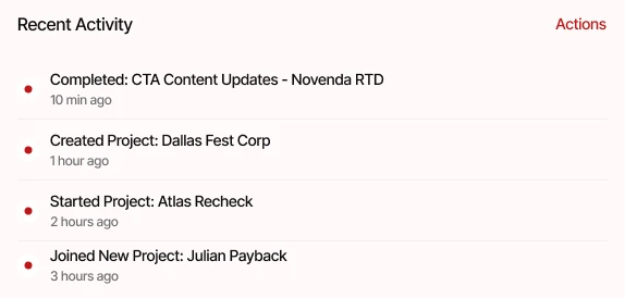 Kanbaan recent activity feed showing live project updates