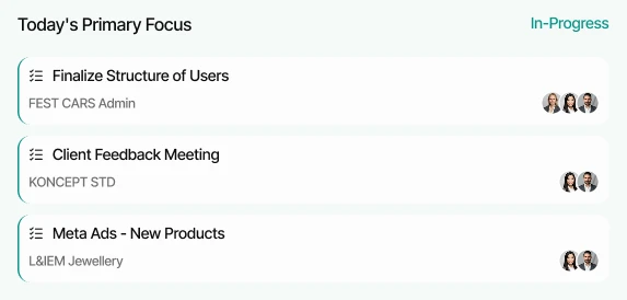 Kanbaan dashboard listing today's primary focus tasks in progress